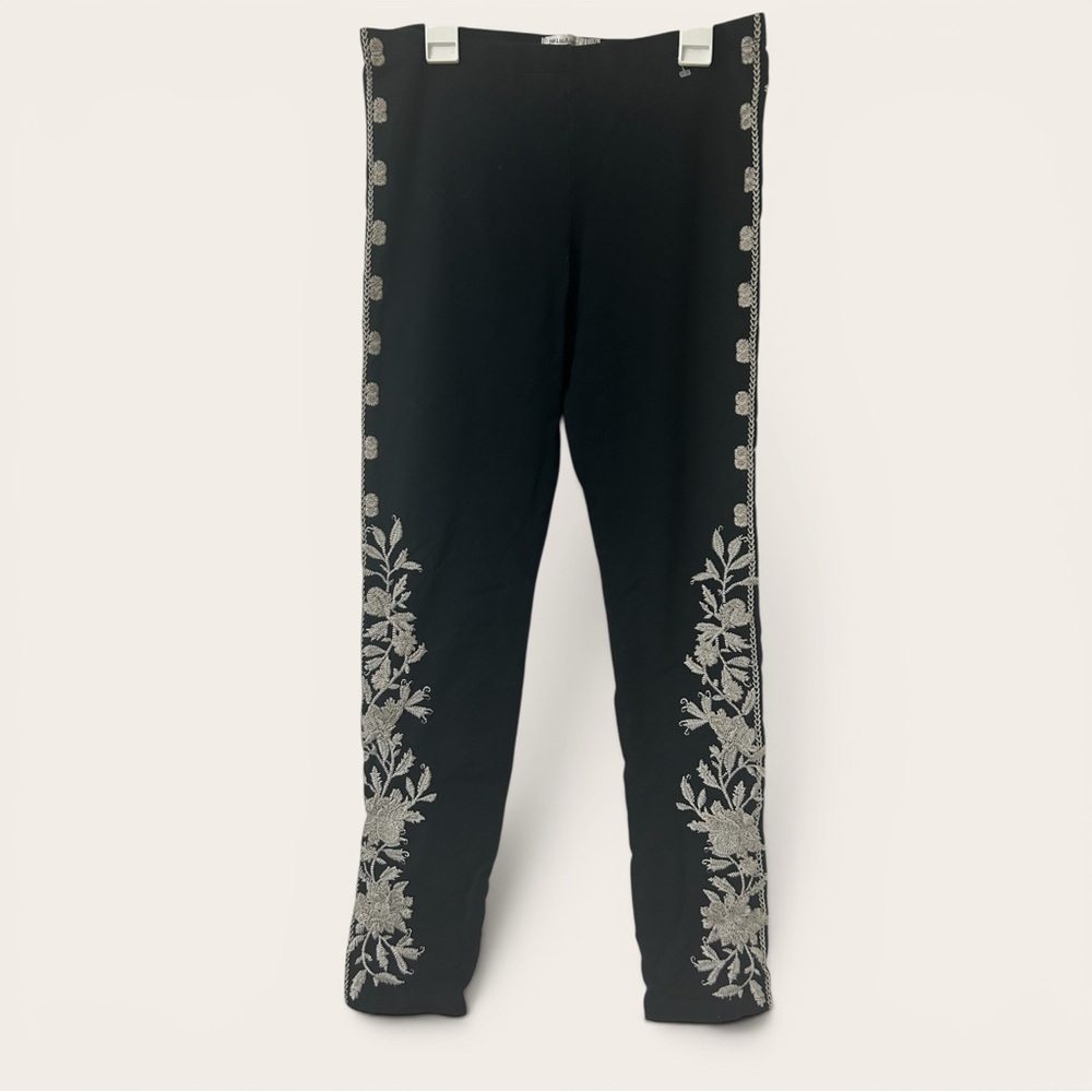 Johnny Was Black Leggings with Silver Floral Side Embroidery